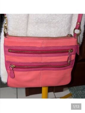 Coach Vintage RARE Crossbody bag  leather coral/hot pink /2 front zipper pockets
